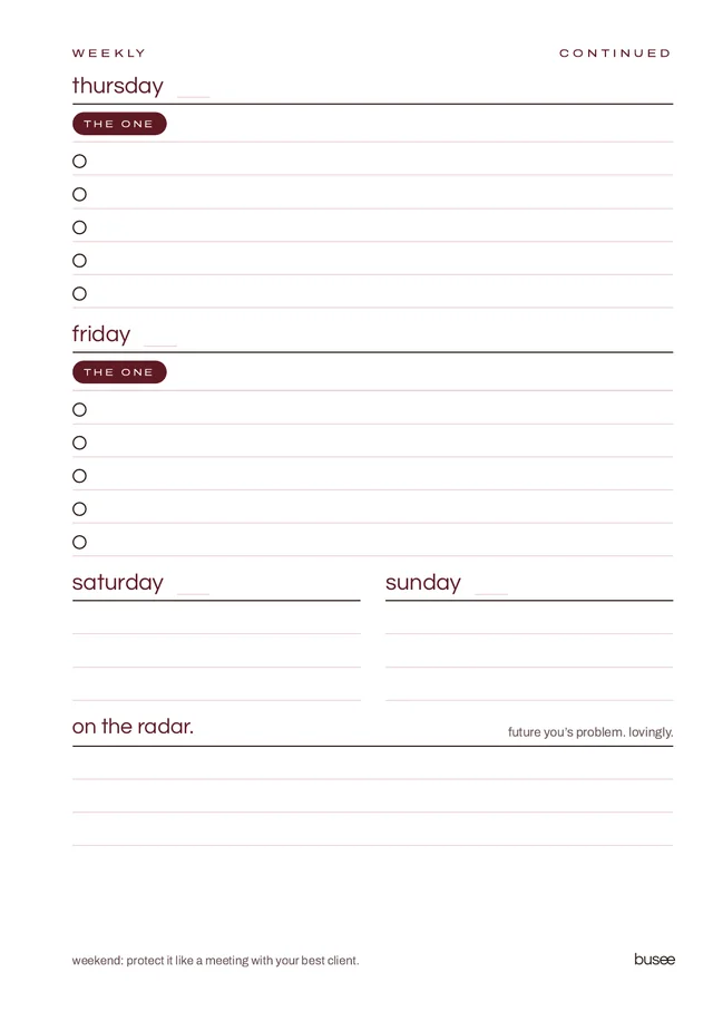 BUSEE week page in burgundy